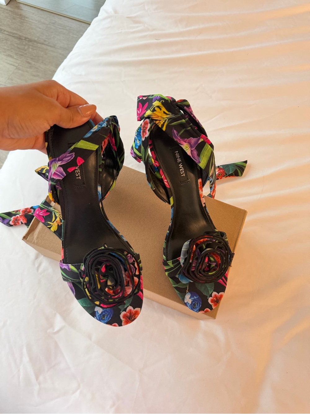 Nine West Floral Multicolor Ankle-Tie Block Heels - Picture 3 of 10